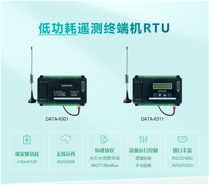低功耗遥测终端机RTU具备毫安级功耗、无线远传、标准上报协议、设备运行控制、接口丰富的功能特点